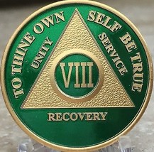 8 Year AA Medallion Green Gold Plated Alcoholics Anonymous Sobriety Chip... - $20.39