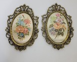2 Vintage Oval Hand Painted Floral Fabric Pictures Brass Frames Ornate V... - £31.14 GBP