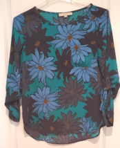 Ann Taylor Loft Blouse Womens M Blue Black Adjust Long Sleeve Shirt Floral Top - £15.65 GBP