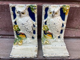 Antique pair Hubley SNOW OWL Cast Iron Hand Painted Bookends Owl in Tree - £272.17 GBP