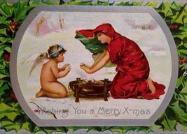 Cherub Angel With Wings Christmas Postcard Fantasy Open Fire On Snow Holly 1909 - £11.58 GBP