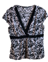 Studio Donatella Blouse Top Womens Large Black White Floral Deep V Neck Casual - £6.66 GBP