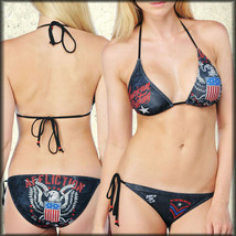 Affliction Customs Live Fast Free Eagle Flag Rhinestone Women Bikini Top Black S - £37.20 GBP
