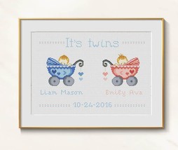 Twins cross stitch birth sampler pdf - new baby announcement birth record hand  - £3.90 GBP