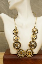 Hand Crafted Metal Brutalist Jewelry Brass Silver Disc Necklace 16&quot; Choker - $74.24