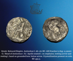281-261 BC Grec Seleucid Empire Antiochus I Soter Ar Argent Drachm 2.83g Pièce - £77.68 GBP