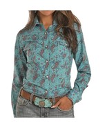 Rock &amp; Roll Cowgirl Blue Paisley Print Long Sleeve Pearl Snap Western Sh... - $18.87