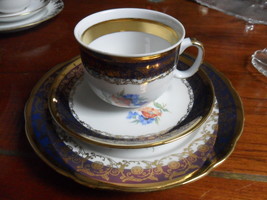 Vintage  gold cobalt and flowers trio cup, saucer and plate gorgeous[60k] - £48.08 GBP