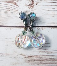 Vintage Clip On Earrings Clear Iridescent Gem Dangle - £9.42 GBP