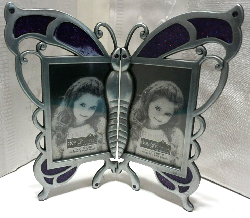 Pewter Butterfly Hinged Photo Frame Holds 2x3" Pics Purple Epoxy Insets Tabletop - $17.79