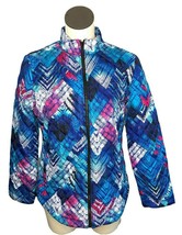 Weekends by Chico&#39;s Womens 1 Jacket Coat Quilted Geometric Pattern Blue White - £14.22 GBP