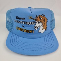 NOS 1980&#39;s funny Trucker Hat &quot;Never Leapfrog a Unicorn&quot; funny baby blue snapback - £15.52 GBP
