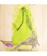1960s Folk Art Abstract Watercolor Still Life Painting Green Glass Bottl... - $136.75 CAD