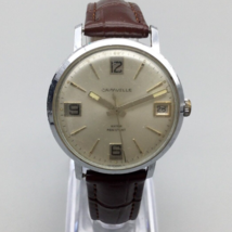 Vtg Caravelle Bulova Watch Men 37mm Silver Tone Date Leather 1973 Manual Wind - £78.29 GBP