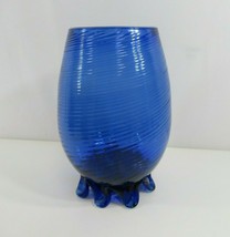 Blue Glass Vase Hand Blown Art VTG Swirled Pedastal Cobalt Murano MCM - £26.14 GBP