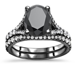 Black Diamond Ring Set, Black Oval Cut Simulated Diamond Bridal Wedding Ring Set - £65.21 GBP