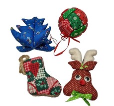 Vtg 80s Fabric Stuffed Christmas Tree Ornaments Handmade Patchwork Deer Set 4 - £12.94 GBP