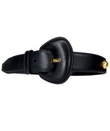 Vintage Salvatore Ferragamo Dark Blue Leather 72.5 Cm Skinny Belt Gold - $326.49 CAD