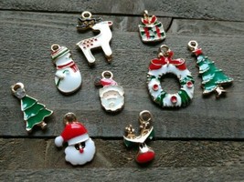 9 Enamel Christmas Charms Gold Pendants Findings Holiday Set Assorted Lot - £6.64 GBP