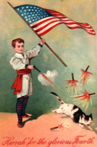 Boy Pistol Cat Firecracker 4th Of July American Flag Patriotic Postcard - £15.14 GBP