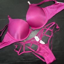 Victoria&#39;s Secret 34C Bombshell Bra Set S Strap Thong Panty Outrageous Hot Pink - £71.59 GBP