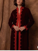 luxury Moroccan Velvet Bordeaux coat with Orange trim, Embroidered Eveni... - $380.99