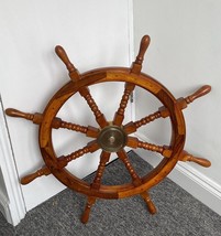 34”inch Durable Wooden Brass Ship Wheel Home Decor Brown Uk Stock &amp; Uk S... - £105.52 GBP