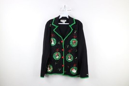 Vintage 90s Jack B Quick Womens Large Knit Christmas Dog Beaded Cardigan Sweater - £47.44 GBP