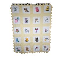 Vintage Handmade Yellow and White Baby Quilt Animals Circus 52 x41 - €83,71 EUR