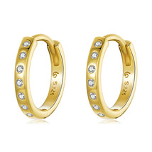 Simple Plated Gold Ear Buckles 925 Silver Clear CZ Round Earrings for Women Fine - $17.78