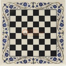 White Marble Indoor Chess Game Decorative Lapis Inlaid Marquetry Floral Design - £727.98 GBP