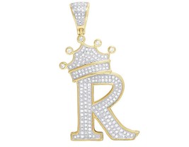 2 CT Round Diamond Crown Letter Initial R Pendant 10K Yellow Gold Over 1.7&quot; - £106.28 GBP