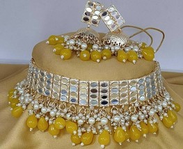 Bollywood Style Gold Plated Kundan Yellow Choker Necklace Jhumka Jewelry Set - £30.04 GBP