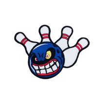 Angry Blue Ball with Bowling pins. Patch with Iron on Backing. Size: 3.3 X 4.6&#39;&#39; - £5.93 GBP