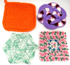 Vintage Hand Crocheted Knitted Hot Pads Trivets Lot 4 Orange Green Purple Pink - £11.83 GBP