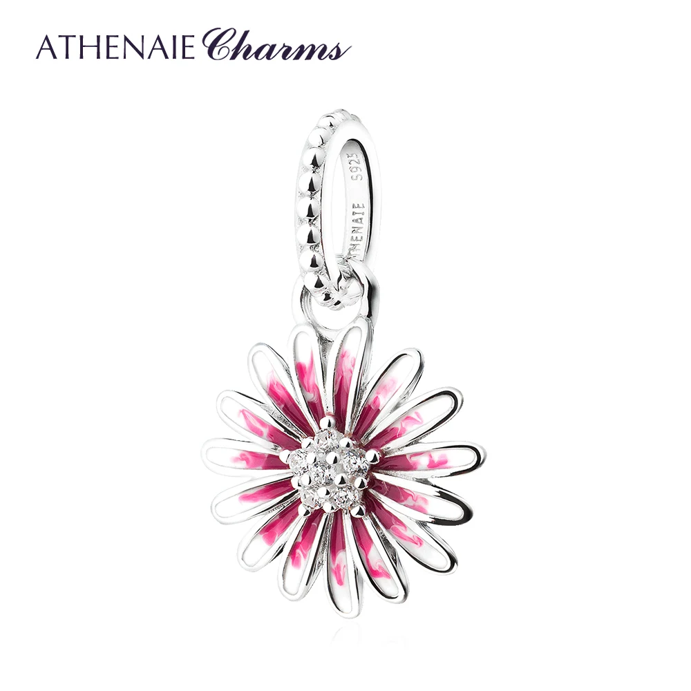 925 Sterling Silver Mixed Enamel Shine Zircons Daisy Dangle Charms Flower Pendan - £32.35 GBP