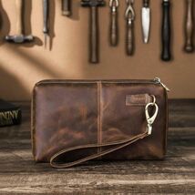 Genuine Leather Clutch Wallet for Men  Crazy Horse Brown Zipper Long Wal... - $58.00