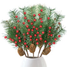 6 Pack Christmas Red Berries Pine Picks,10.5 Inches Artificial Pine Cone Holly F - £29.28 GBP