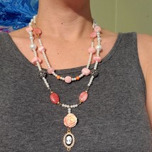 Handmade Pearl and Pink Agate Cameo Necklace - £43.27 GBP