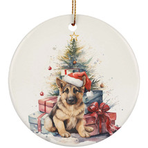 Funny German Shepherd Puppy Dog Santa Hat Pine Tree Christmas Ornament Ceramic - £11.80 GBP