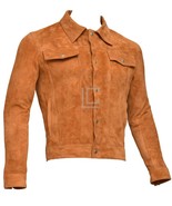 Men&#39;s TRUCKER Suede Leather Western Jacket Classic Denim Style Shirt Jacket - $186.29 CAD