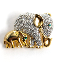 Two Elephants Green Stone Eyes Gold Silver Two Tone Lapel Pin Animal Jewelry - $11.69