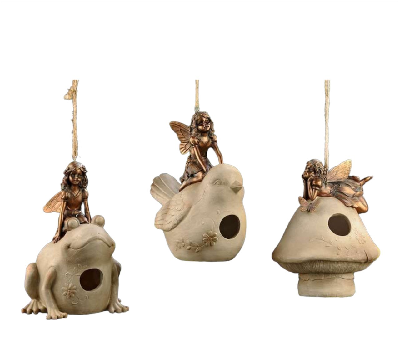 Fairy on Frog Bird House 9" High Copper Look Hanging Garden Poly Stone - $38.60