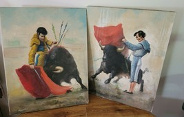 Two Vint. Spanish Bullfighter Oil On Canvas Picture Painting Signed ~Napoli Tamo - £73.24 GBP