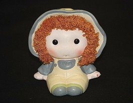 Vintage 70s Ceramic Rag Doll Coin Bank w Yellow Bibs by Bradley Exclusiv... - $16.82