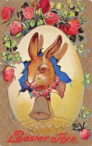 Easter GREETINGS-LARGE RABBIT-BELL Around NECK~1910s Embossed Gilt Postcard - £4.63 GBP