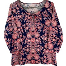 Talbots Floral T Shirt Womens Size S Pink Blue Scoop Tie Neck Raglan 3/4... - £9.90 GBP