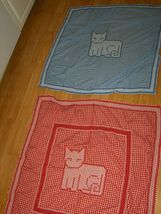2 Vintage Baby Blankets with Cat Handmade Stitching Red Or Blue and White Checks - £8.03 GBP