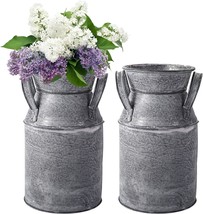 Topzea 2 Pack Shabby Chic Milk Can Vase, Galvanized Finish, Table Centerpieces - $37.99