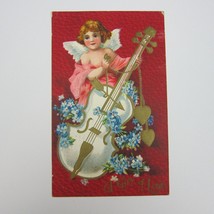 Postcard Valentine Cherub Angel Cupid Plays Cello Red Blue Flowers Antique 1910 - £7.98 GBP